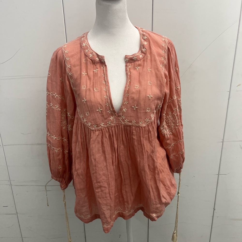 Lucky Brand Coral Pink Embroidered Peasant Tunic